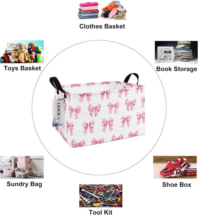 ONOEV Rectangular Kids Laundry Basket Girls' Waterproof Storage Bins Pink Gift Basket Suitable For Home Decoration Office and Toy Storage(Pink Knot) - Image 4